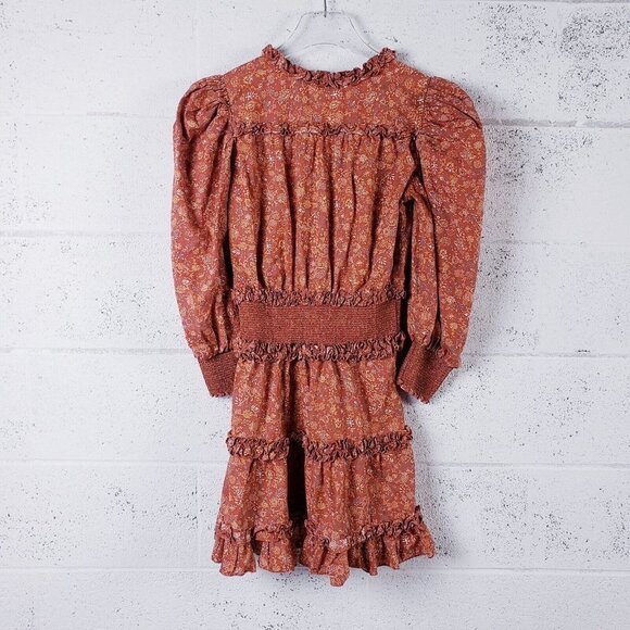 HOUSE OF HARLOW 1960 Wallis Rust Floral Ruffle Boho Smocked Dress Size Small - Picture 2 of 7